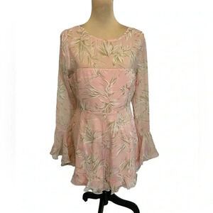 Here Comes The Sun Pink, Tropical, Flowing, Ruffled, Long Sleeve Romper in EUC
